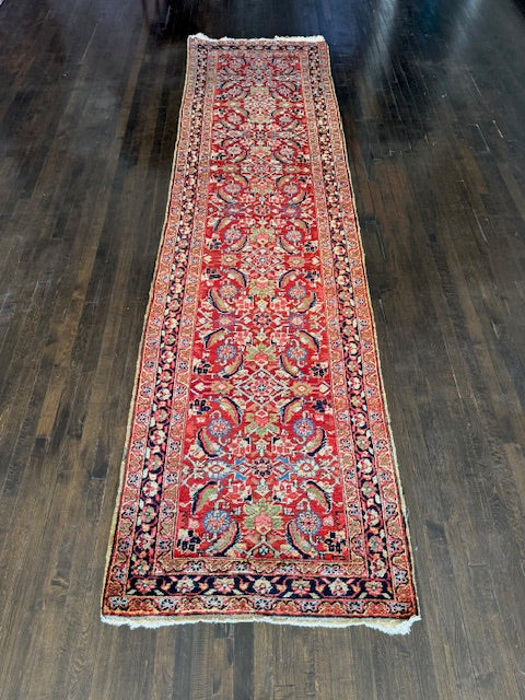 Handmade Antique Heriz Runner (12'3 X 3'2)